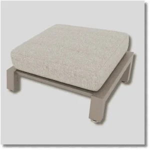 South Forty Specialties Driftwood outdoor ottoman footrest featuring a comfortable beige cushion and durable metal frame for patio seating
