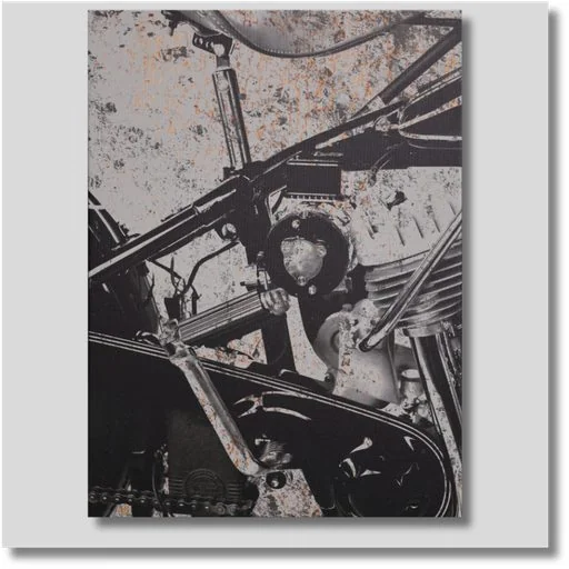 Built to Roar motorcycle canvas wall art featuring a detailed black-and-white motorcycle design for garages and entertainment spaces