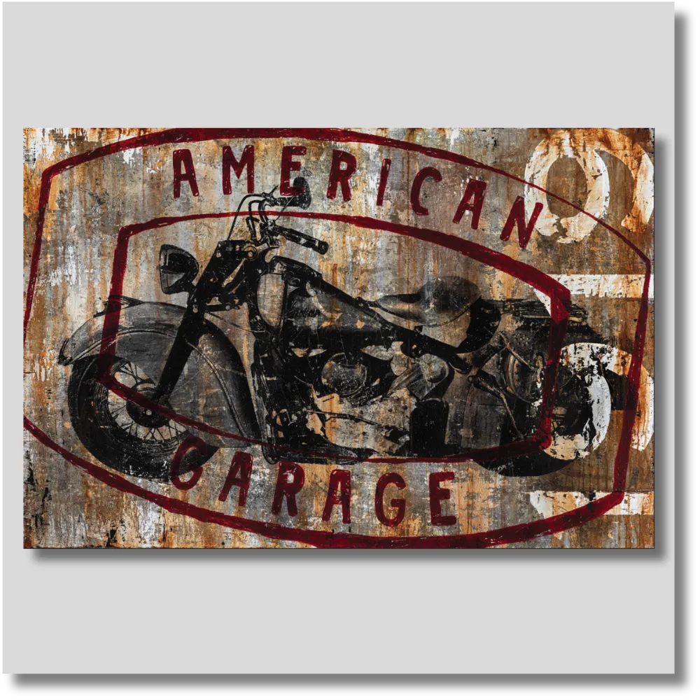 1919 Garage motorcycle wrapped canvas wall art featuring vintage garage graphics, classic motorcycles and retro lettering