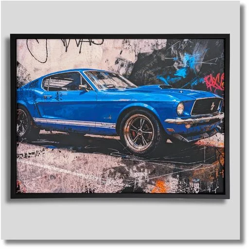 Blue Rebellion classic car canvas wall art featuring a vibrant blue vintage automobile with polished chrome accents