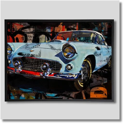 Blue Ribbon Cruiser canvas wall art featuring a restored vintage car with blue bodywork and nostalgic automotive styling