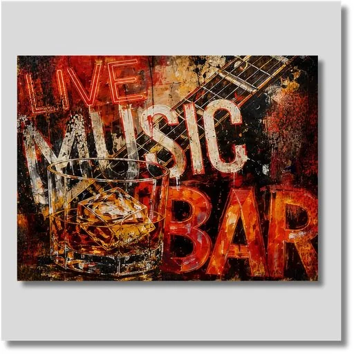 Barrelhouse Volume music and bar-themed canvas wall art featuring bold vintage-style lettering in orange, red and black