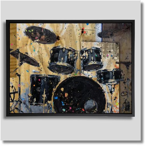 Abstract Drumset canvas wall art featuring drums, cymbals and vintage-inspired music graphics in a collage design