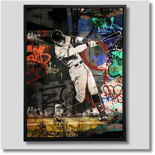 Batter Up baseball canvas wall art showcasing nostalgic baseball illustrations, players and equipment in a vibrant collage design