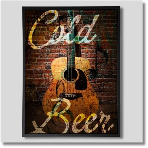 Cold Beer & Six Strings canvas wall art showcasing rustic guitar imagery, vintage beer graphics and warm orange and brown colors