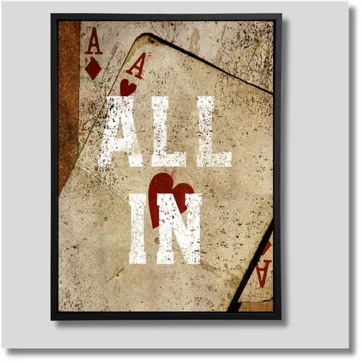All In motivational canvas wall art featuring stacked lettering in white and red on a rustic beige background