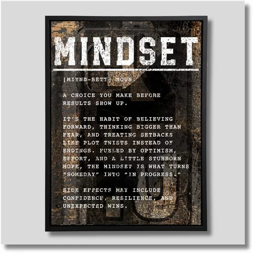 Mindset inspirational canvas wall art featuring distressed typography and motivational messaging in neutral tones