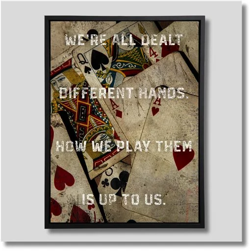 Dealt Hands man cave canvas wall art showcasing a collage of vintage playing cards with rustic textures and warm neutral colors