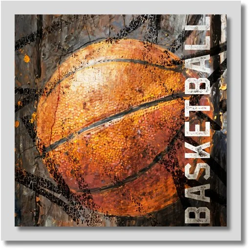 Basketball sports-themed wall art showing a detailed orange basketball beside a weathered hoop and net