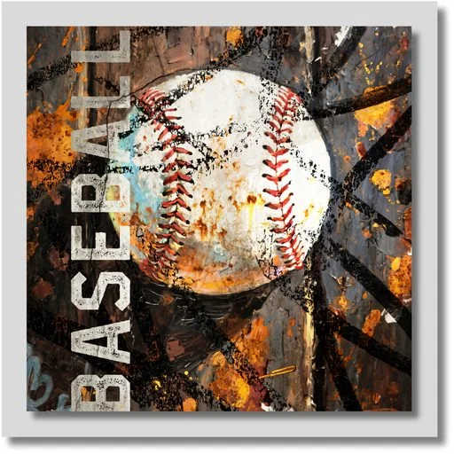 Baseball-themed wall art showcasing a detailed baseball illustration with dynamic sports graphics and vintage-inspired styling