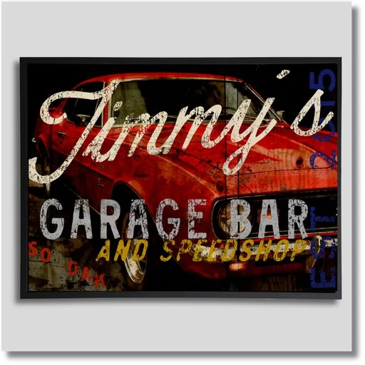 Custom Garage Bar canvas wall art featuring bold vintage-style lettering in red, orange and cream against a dark background