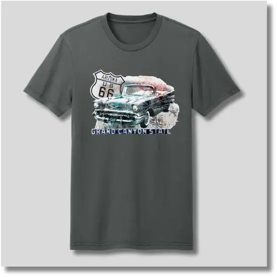 Grand Canyon State graphic T-shirt in charcoal gray featuring an Arizona-inspired landscape design on the front