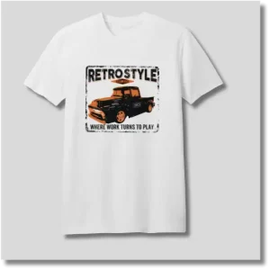 White Retro Style graphic T-shirt featuring a small vintage-inspired illustration on the front