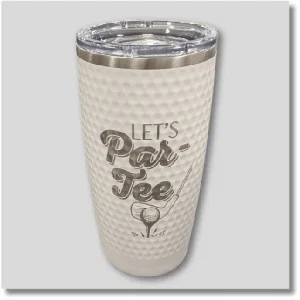 Let's Par-Tee custom golf tumbler featuring decorative golf-themed lettering and a stainless steel insulated design