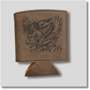 America 250 leather beverage koozie featuring a commemorative patriotic graphic on a rustic brown leather finish