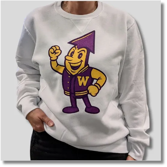 Light gray Watertown Arrows crewneck sweatshirt featuring a colorful school mascot graphic on the front