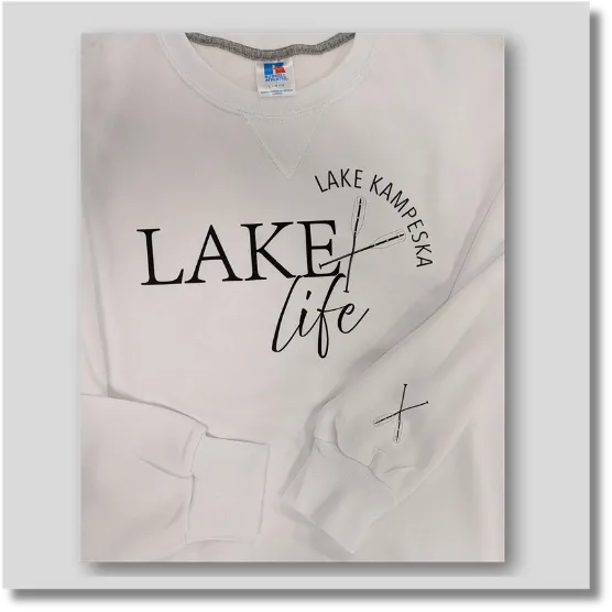 Light gray Lake Life crewneck sweatshirt featuring a simple lake-inspired graphic with decorative lettering on the front
