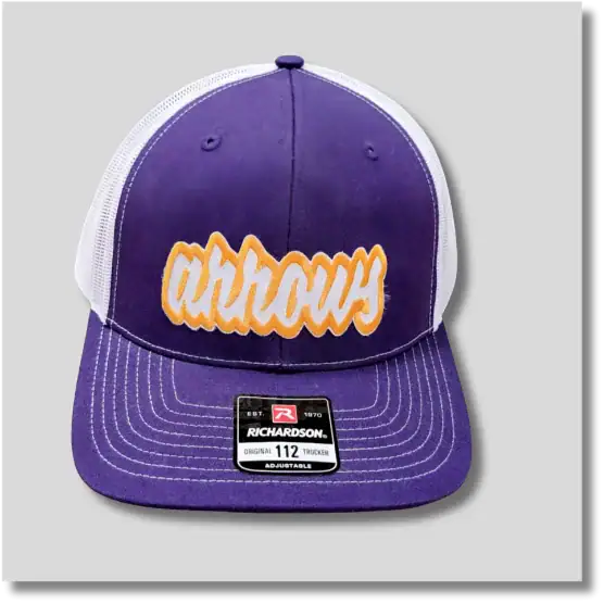 Purple Watertown Arrows trucker hat featuring gold embroidered lettering and a tan leather patch on the front