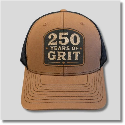 250 Years of Grit caramel and black patriotic trucker hat with patch