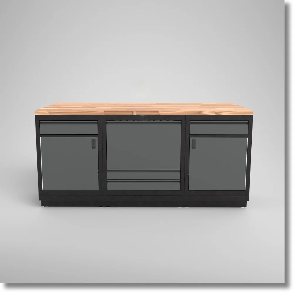 South Forty Specialties garage island cabinet featuring a durable work surface, enclosed storage compartments and a built-in cooler and keg station