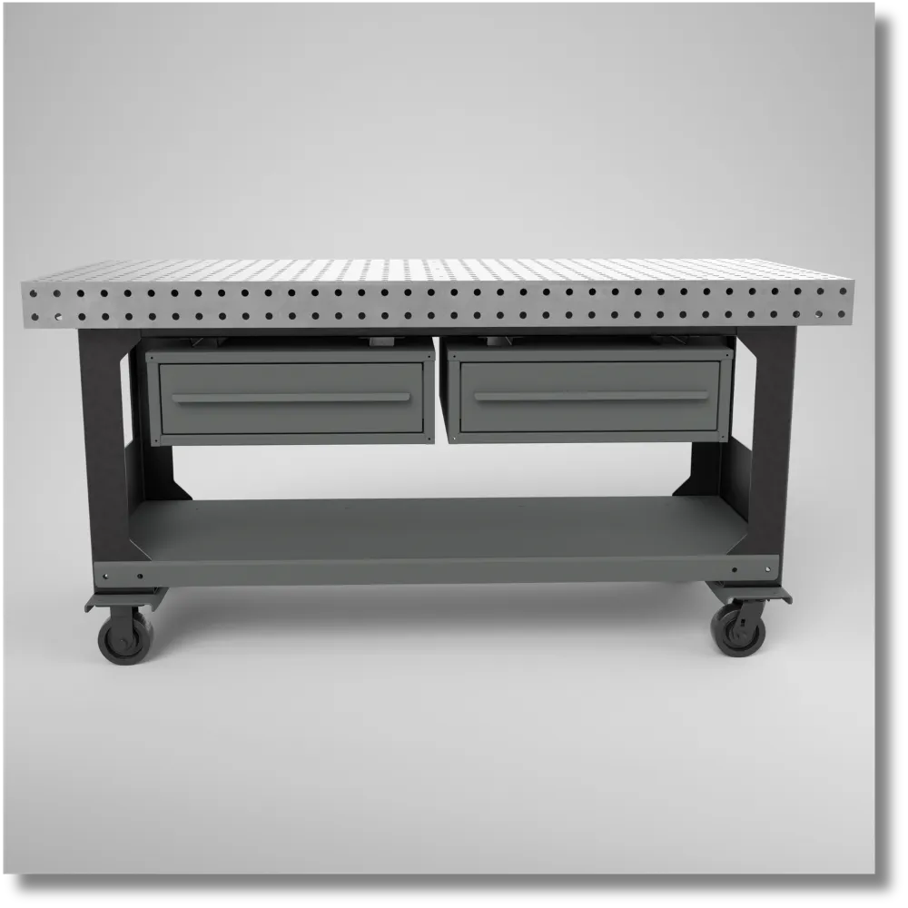 Heavy-duty steel welding table with a flat metal worktop and sturdy support frame for welding and fabrication projects