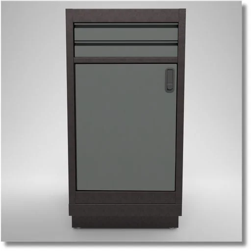 Heavy-duty steel garage lower cabinet with two drawers and one enclosed storage compartment in a dark gray finish