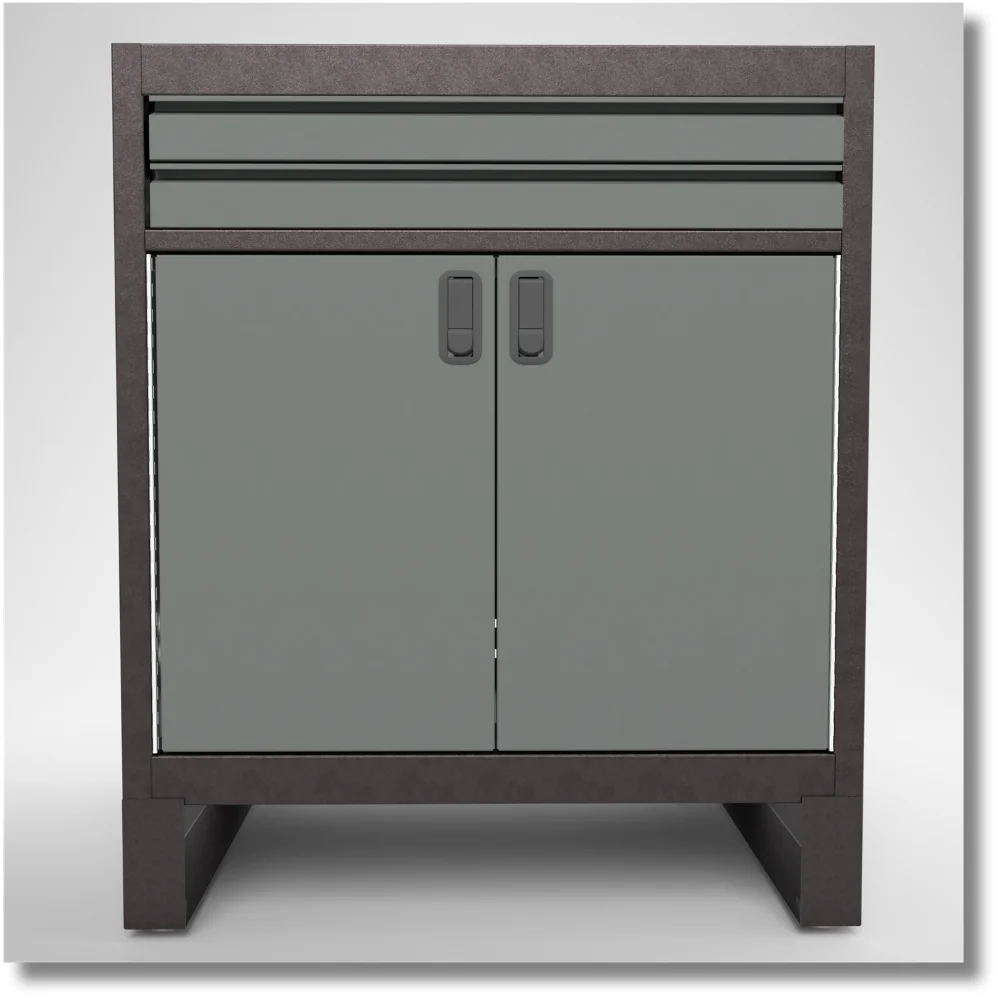 South Forty Specialties standard-duty steel lower garage cabinet featuring two storage drawers and two enclosed doors in a dark powder-coated finish