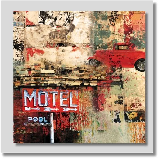 Back Alley automotive canvas wall art featuring a collage of vintage garage graphics, colorful signage and distressed textures