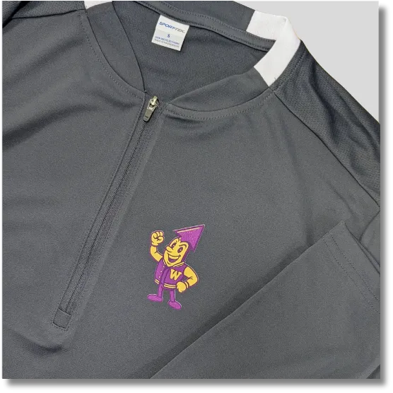 Dark gray Watertown Arrows quarter-zip pullover featuring a small purple and gold mascot graphic on the chest