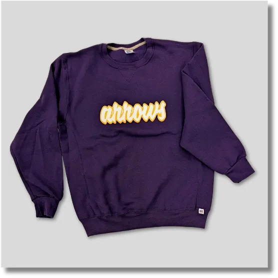 Purple Watertown Arrows crewneck sweatshirt featuring a gold and purple school spirit patch on the chest