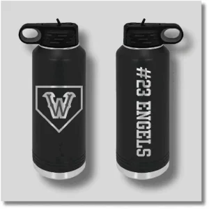 Black stainless steel Watertown baseball water bottle featuring a custom engraved baseball design, shown from front and back