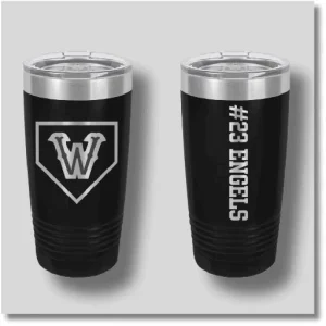 Watertown Baseball engraved insulated tumblers available in black and purple with baseball team graphics