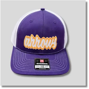 Purple Watertown basketball baseball cap featuring a tan leather patch with custom basketball graphics on the front