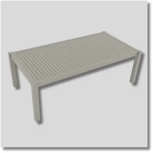 Pelican outdoor dining table featuring a rectangular aluminum tabletop and durable four-leg metal frame