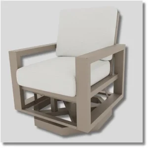 Pelican outdoor swivel glider chair featuring light beige upholstered cushions, wide armrests and a durable metal frame for patio seating