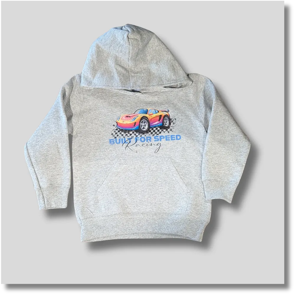 Light gray Built for Speed youth hoodie featuring a colorful racing-inspired graphic on the front