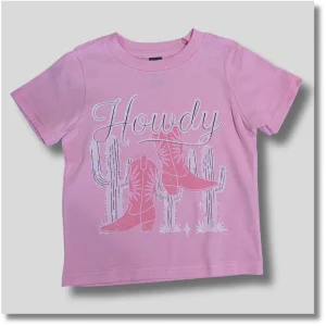Pink Howdy youth graphic T-shirt featuring a playful western-inspired design on the front