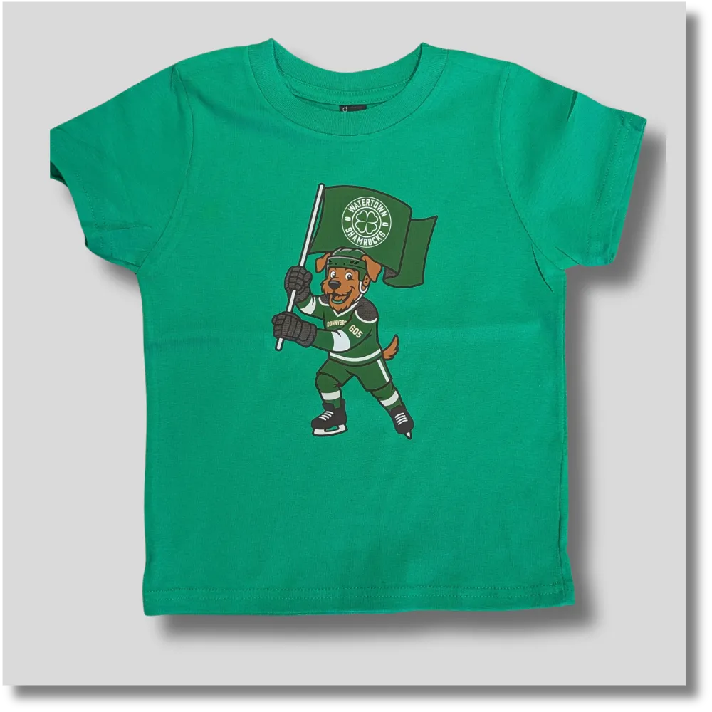 Bright teal Shamrocks Donnybrook toddler T-shirt featuring a colorful hockey-themed front design