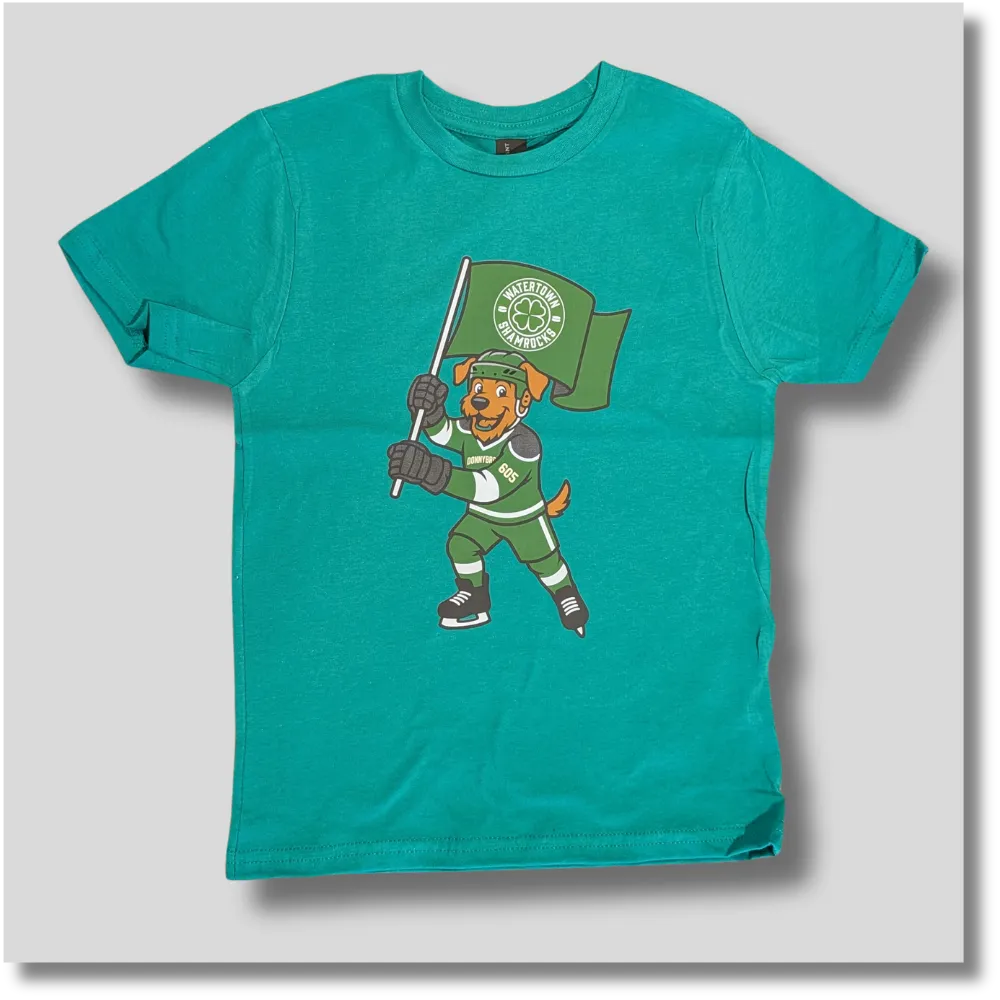 Bright teal Shamrocks Donnybrook youth T-shirt featuring a colorful hockey-themed graphic
