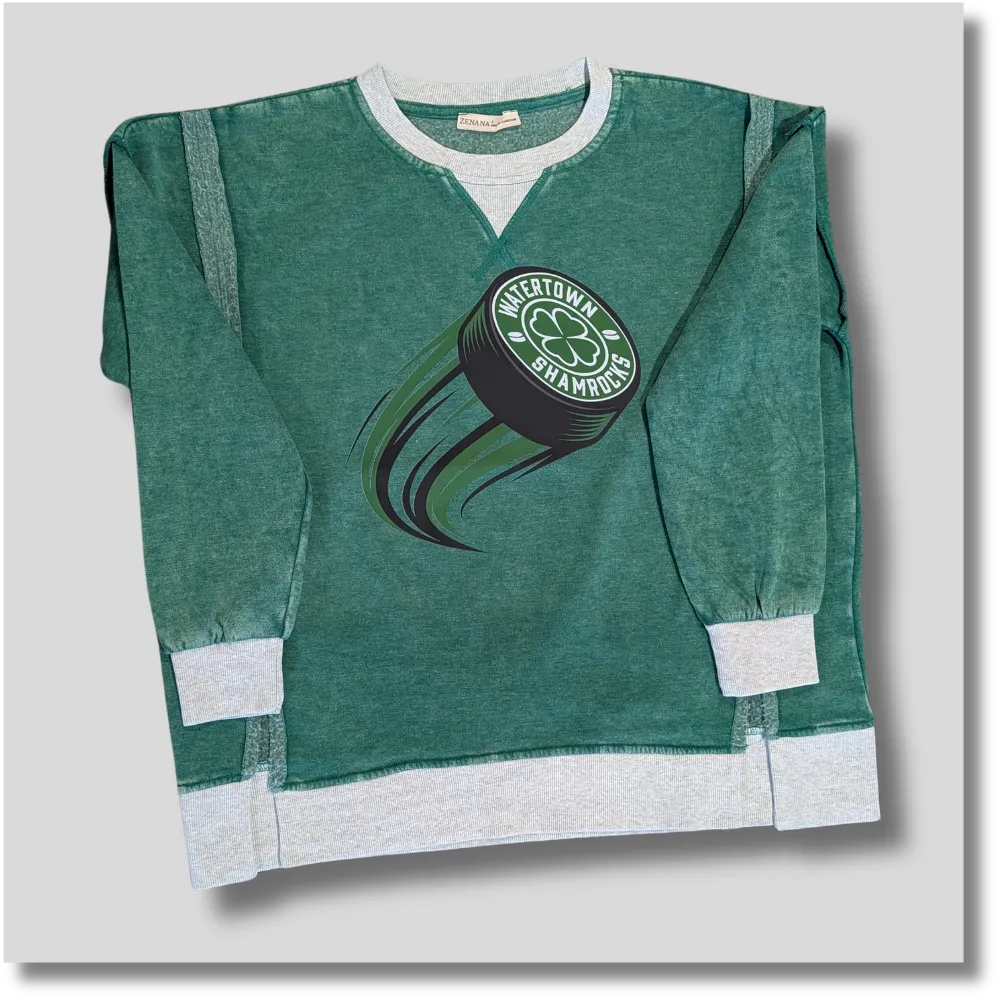 Green Shamrocks exposed seam crewneck sweatshirt featuring a hockey puck graphic and contrasting seam details