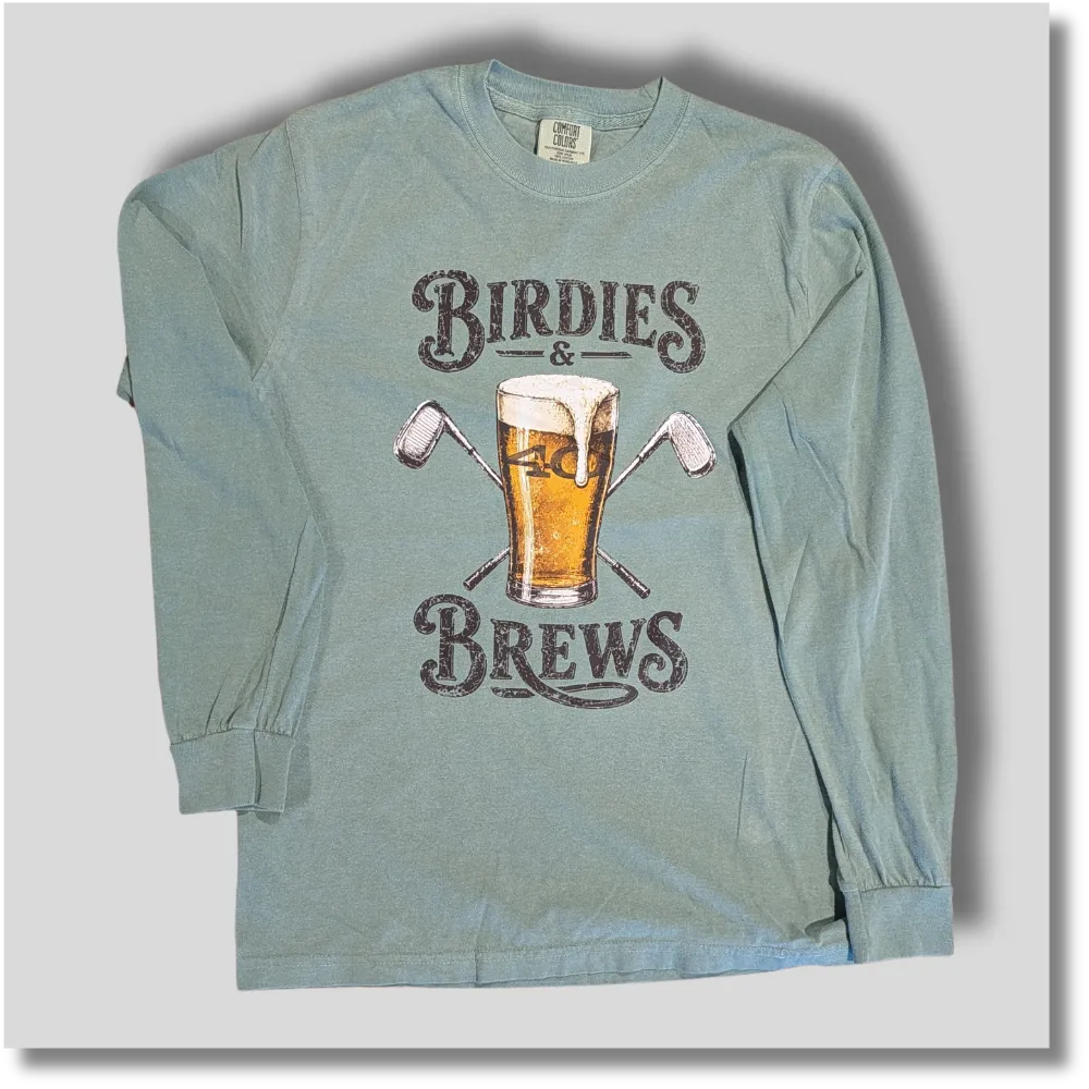 Sage green Birdies and Brews long sleeve graphic T-shirt featuring a golf and beer-themed design on the front