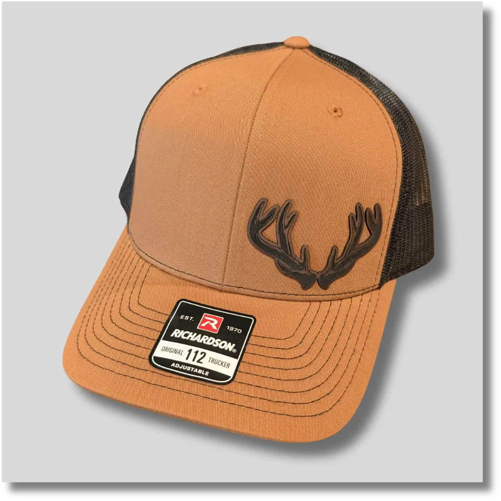 Antlers caramel and black Richardson Trucker Hat with leather patch