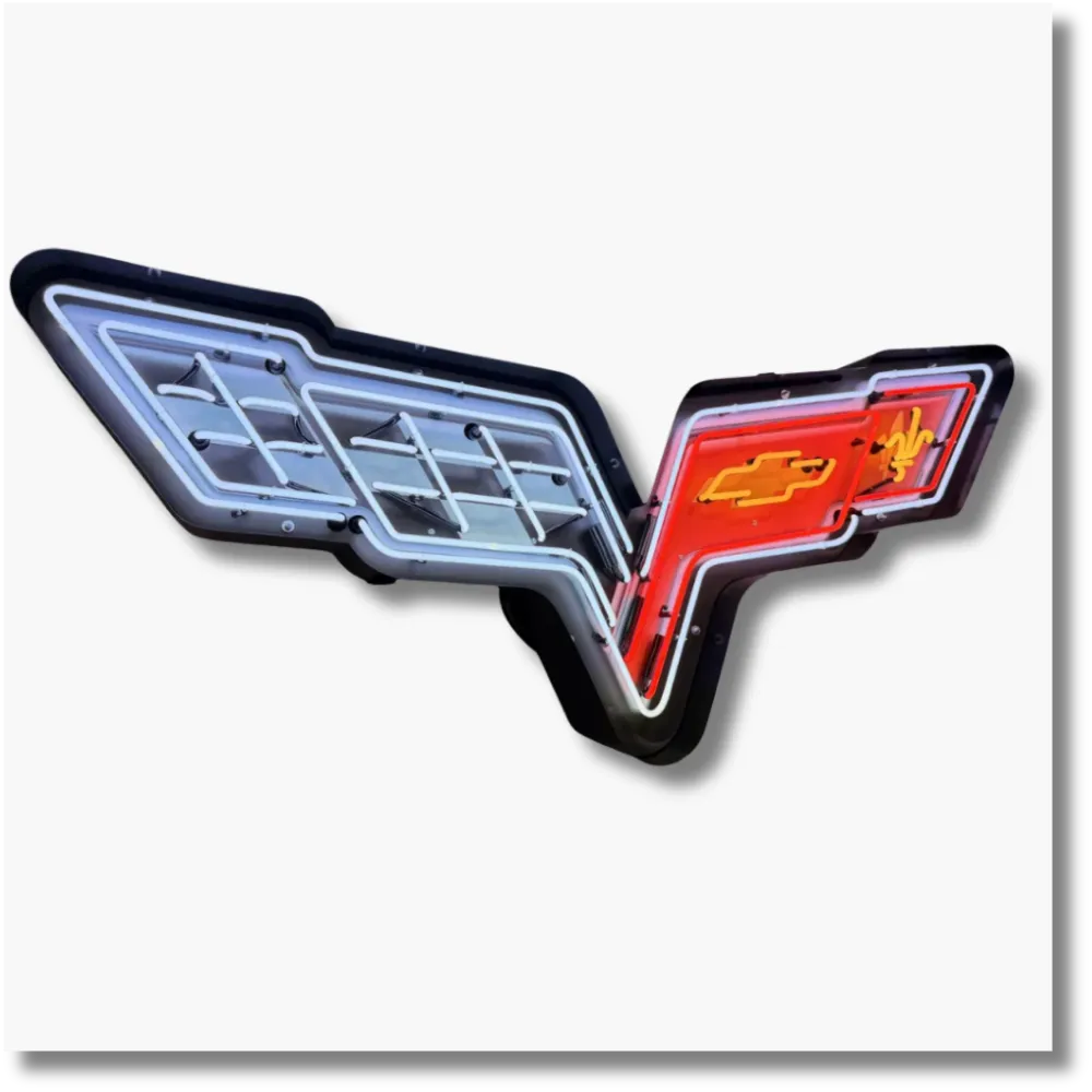 Large Corvette C6 neon wall sign featuring the classic crossed-flags emblem with red and blue illuminated details