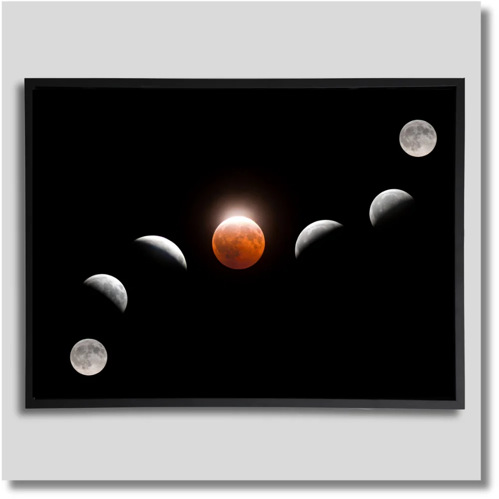 Eclipse Composite astronomy photography wall art featuring a sequence of eclipse phases against a black background