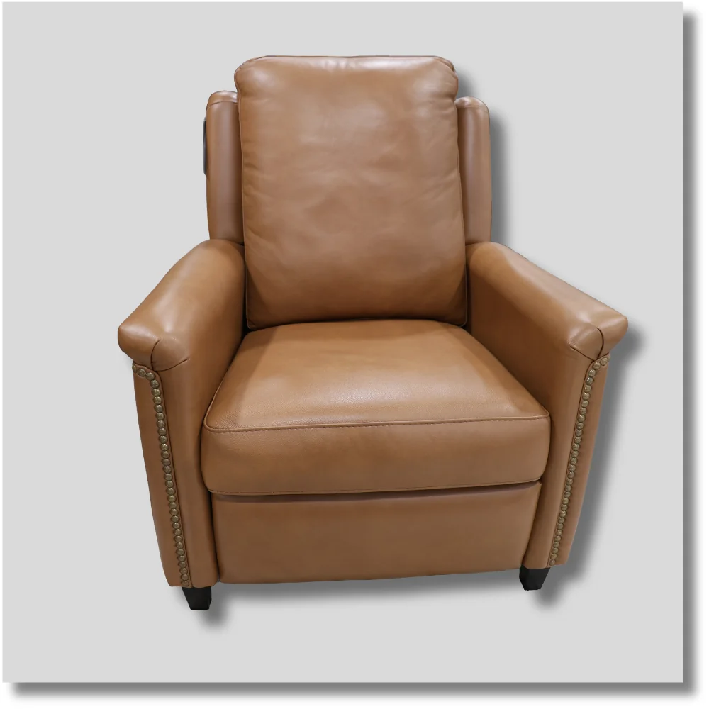Badlands tan leather recliner featuring plush back cushions, wide armrests and classic styling