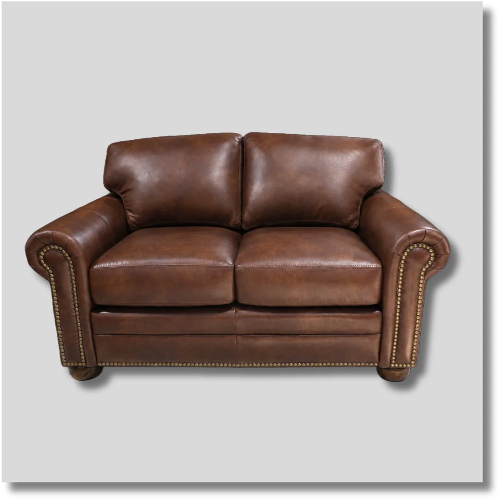 Briarwood brown leather loveseat with plush back cushions, padded armrests and classic styling