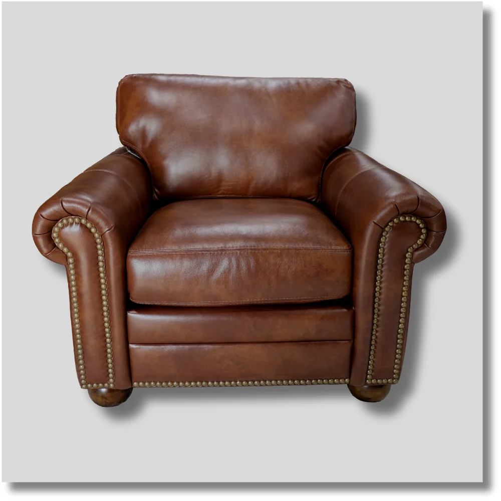 Briarwood brown leather armchair with traditional styling, plush cushions and rolled armrests