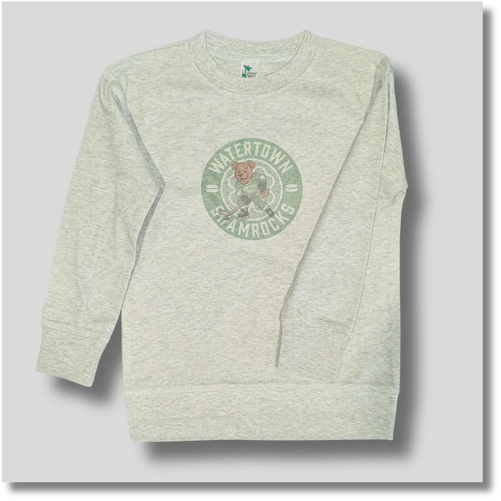 Light cream Shamrocks Donnybrook youth crewneck sweatshirt featuring a green shamrock graphic on the front
