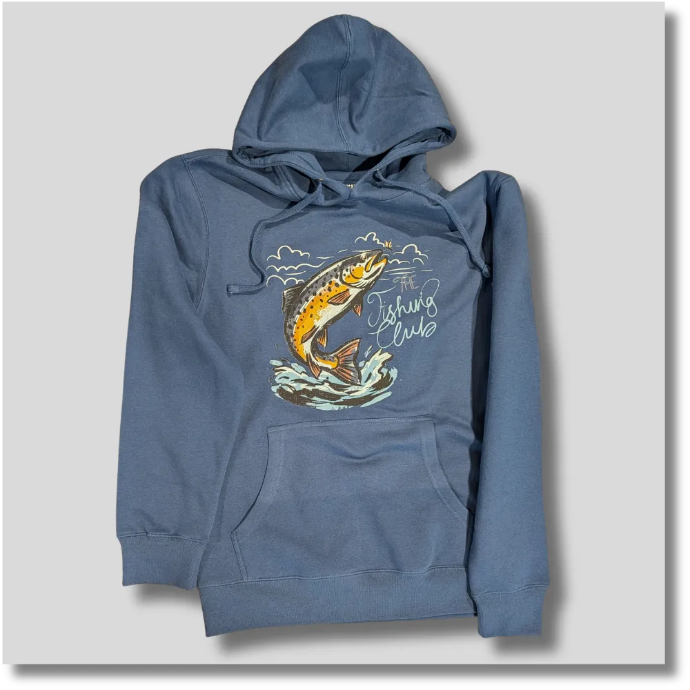 Blue Fishing Club fleece hoodie with colorful fishing-themed chest graphic, drawstring hood and front pocket