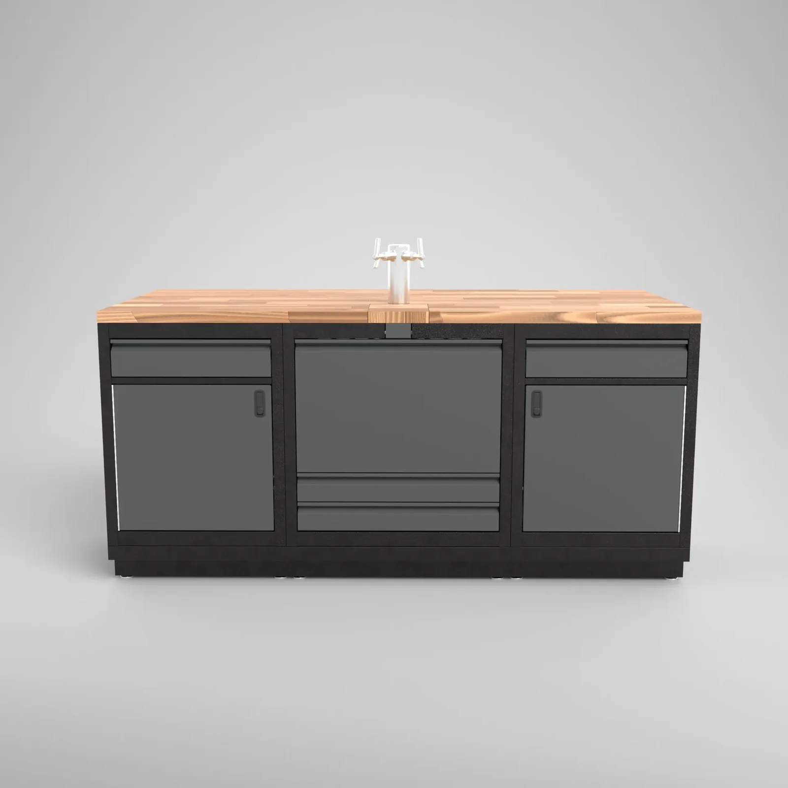South Forty steel outdoor bar island with built-in keg storage compartment, dark cabinet finish and wood countertope